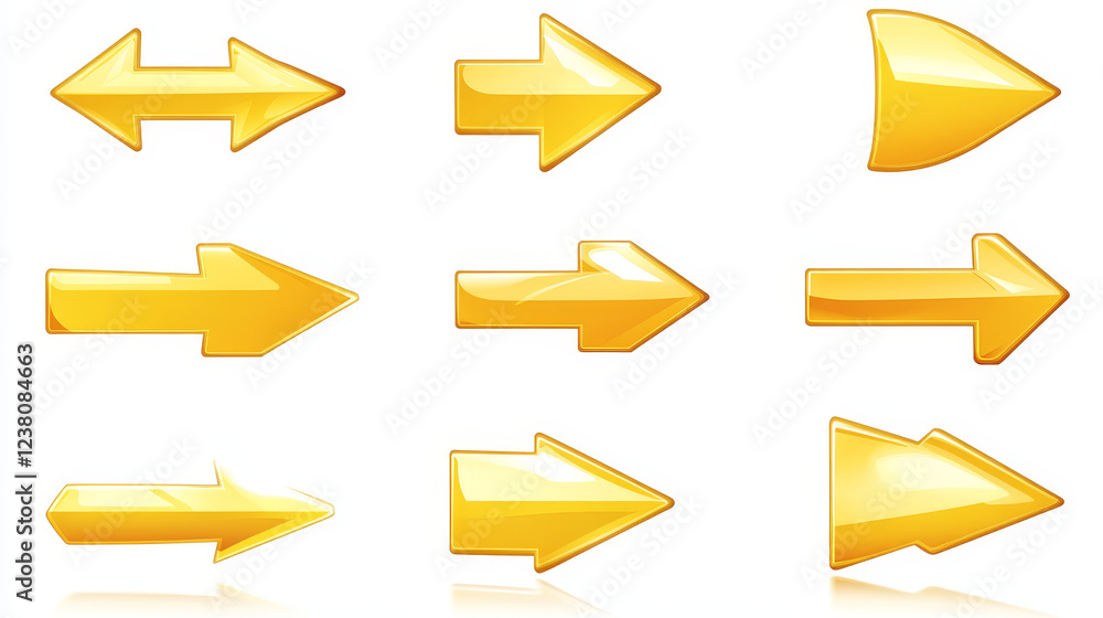 Poster set of glossy yellow arrow icons isolated on white for web design or template. vector version is als