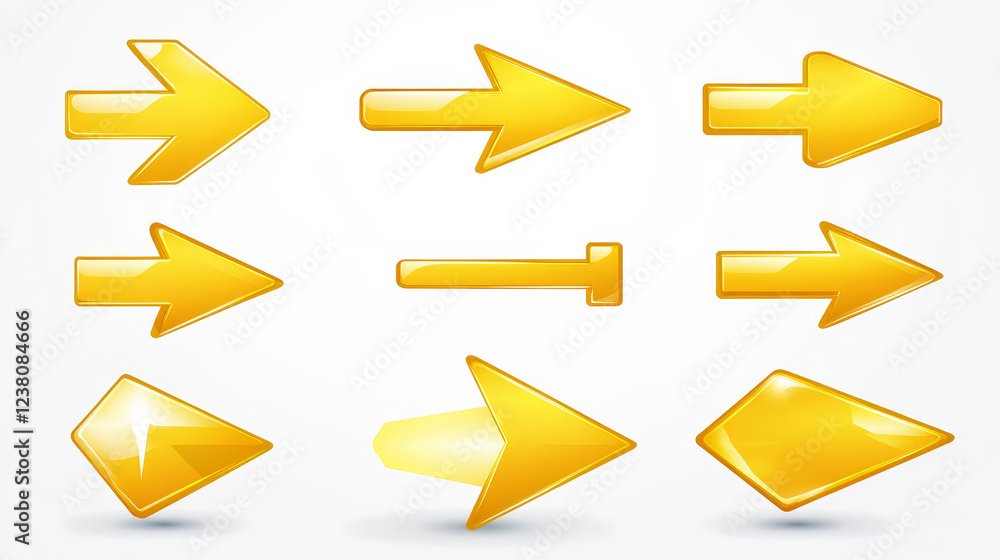 Poster set of glossy yellow arrow icons isolated on white for web design or template. vector version is als