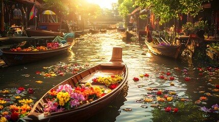 Obraz premium Idyllic Thai Riverside Scene with Vibrant Floating Flower Offerings Adorning Traditional Wooden Boats on the Tranquil Waterway