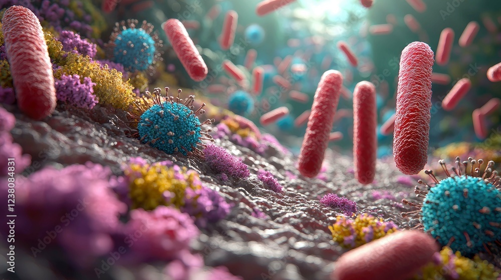 Poster microscopic view of bacteria and viruses: a detailed 3d rendering of cellular structures and microor