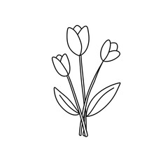 A drawing of three tulips with green leaves