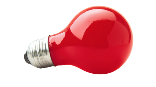 Red light bulb shining bright on transparent background