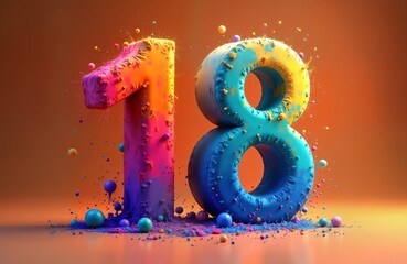 Colorful vibrant number 18 isolated on orange background. Number looks like made of colorful paint splatters, textured. Abstract design. Creative colorful number. Fun, playful design. Perfect for