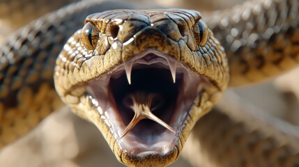 A close-up of a snake with its mouth open, showcasing its fangs and forked tongue.