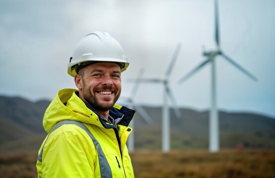 Smiling male engineer in safety helmet, reflective jacket stands on wind turbine farm. Looks confident working on renewable energy tech. Eco-friendly energy production modern. Construction, industry