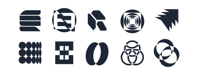 Abstract geometric graphic elements . set of Y2K retro elements and abstract brutalism shapes, trendy retro design symbols in Y2K aesthetics, vintage stickers