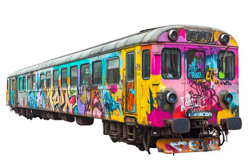 Obraz premium a Colorful graffiti-covered train isolated on a transparent background