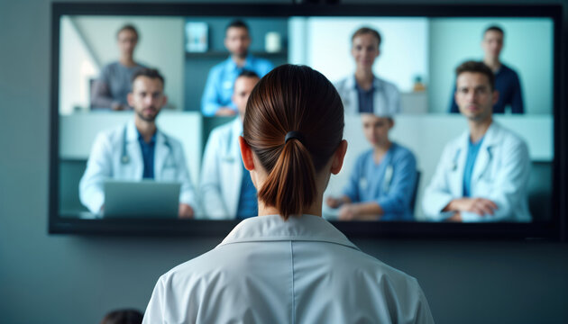 Medical professionals participate in video conference. Group consultation for healthcare. Advanced tech used for remote education, diagnosis. Doctors, nurses in meeting seen on large screen.
