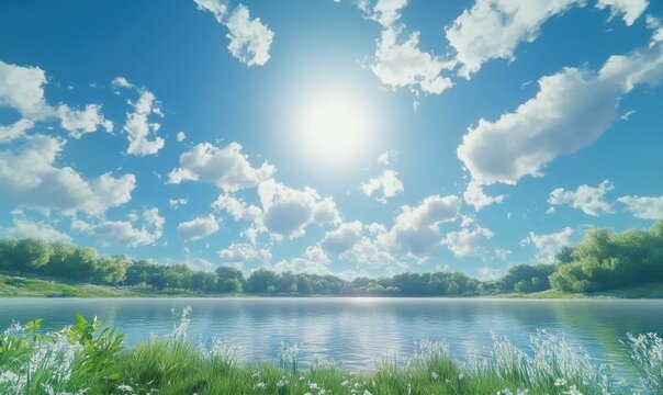 Fluffy white clouds rolling across a brilliant blue sky, viewed over a calm rural field for a tranquil and uplifting landscape