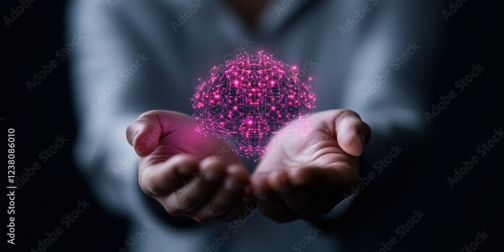 Poster futuristic holographic network in hands interactive digital mesh sphere for healthcare tech - innova