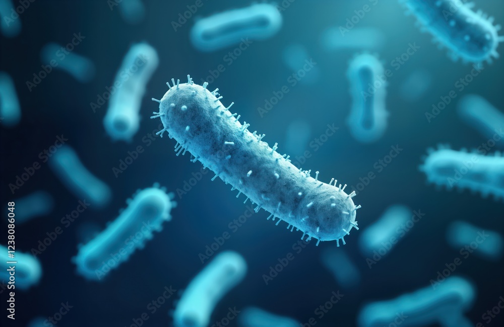 Poster macro shot of blue rod-shaped bacteria in lab setting. microbes float in dark blue background. scien