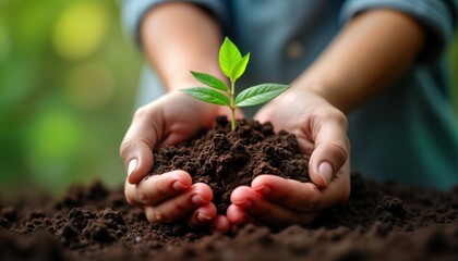 Closeup of hands holding small seedling in soil. Care, love for nature. Growth, hope concept. Sustainable agriculture. Environmental protection. Human care for plant. Hands nurturing tiny plant.