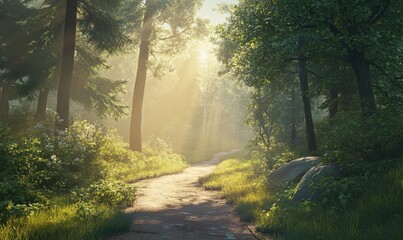 Obraz premium Forest trail illuminated by dappled sunlight streaming through tall trees, creating a magical and serene atmosphere