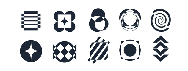 Abstract geometric graphic elements . set of Y2K retro elements and abstract brutalism shapes, trendy retro design symbols in Y2K aesthetics, vintage stickers
