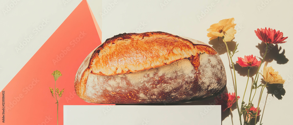 Poster minimalist collage featuring sourdough bread with flowers and geometric shapes in the background