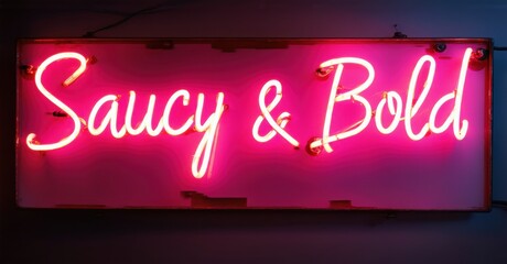 Electric neon sign displaying Saucy and Bold, glowing in deep red and pink, mounted on a retro-style panel, radiating confidence and playfulness in a stylish cursive font