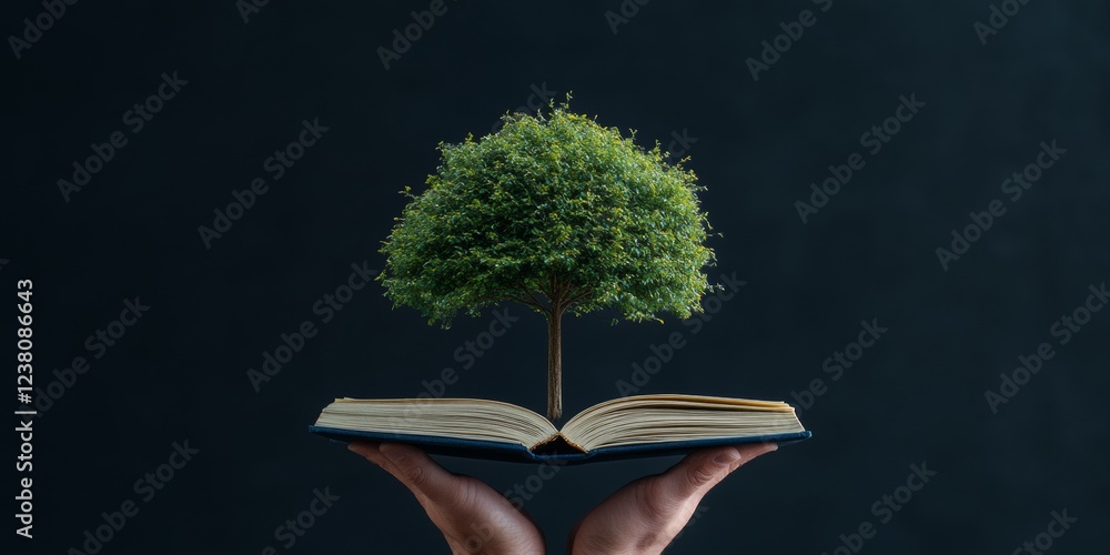 Fototapete imaginative learning visualization minimalist open book with tree sculpture in lush outdoor setting 