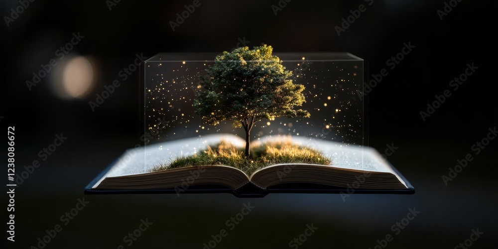 Aufkleber Imaginative Learning Display Open Book with Miniature Tree and Sparkling Lights - Enchanting Visuals for Educational Content and Creativity Inspiration in Outdoor Settings