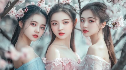 Naklejka premium Three Beautiful Women in a Garden of Cherry Blossoms