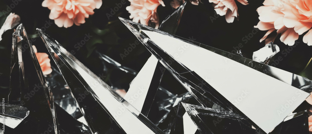 Poster unique blend of geometric shapes and floral elements with broken glass on a white background
