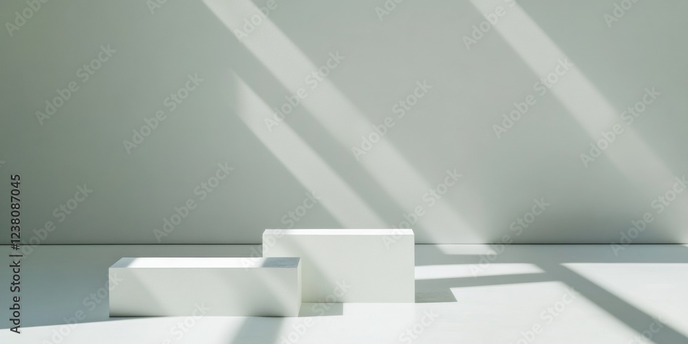 Poster minimalist architectural display sunbeam-cast shadows on textured white blocks - contemporary design