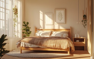 Scandinavian-inspired bedroom with a wooden bed frame, cozy knit blankets, and soft neutral tones, radiating warmth and comfort