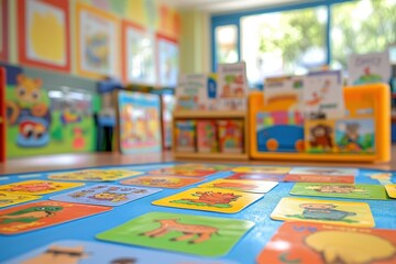 Creative display of educational flashcards in a vibrant classroom environment engaging learning space with interactive cards for children