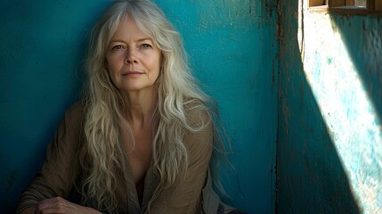 Fototapeta premium Portrait of a Woman with Long Grey Hair, Pensive Expression, Sitting Against a Blue Wall