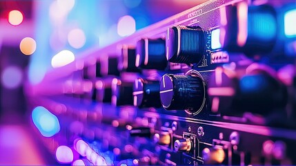 Close-up of an Audio Mixing Console in a Vibrant Purple and Blue Light Setting