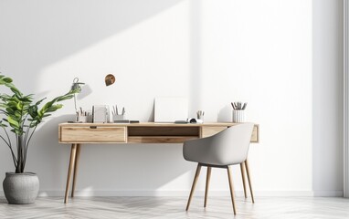 Scandinavian-style desk with light wood textures, a simple modern chair, and a clutter-free arrangement, offering a peaceful workspace