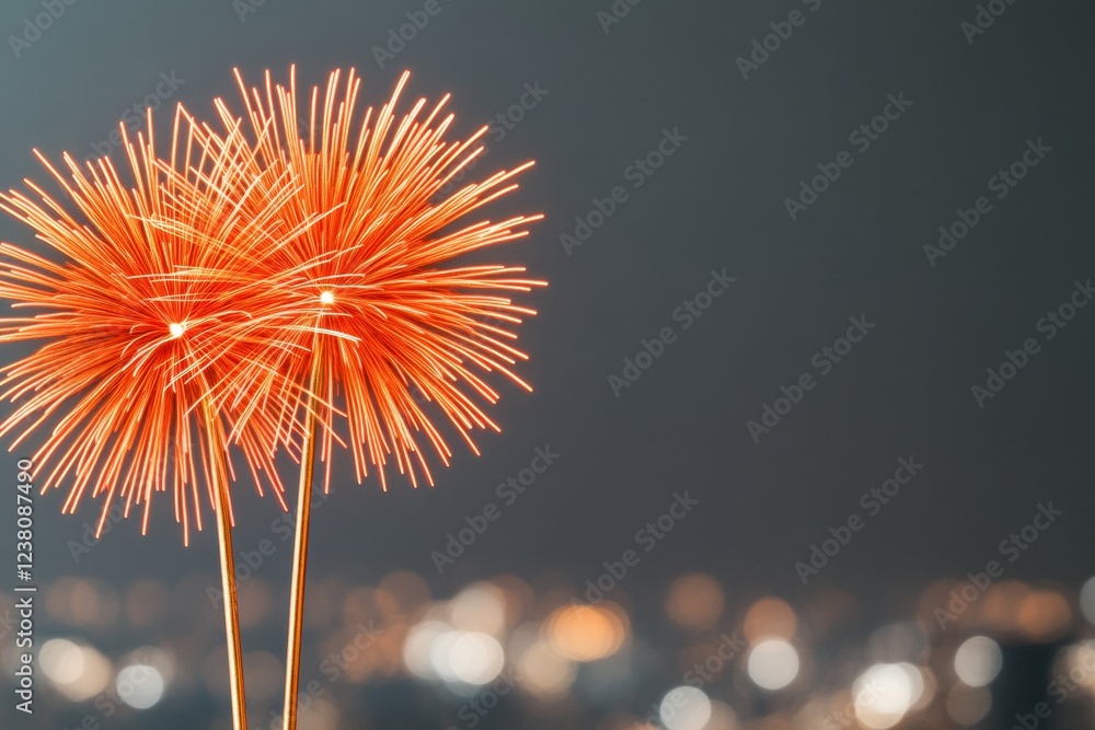 Poster futuristic celebration firework display vibrant led explosions over metropolitan skyline - dynamic e