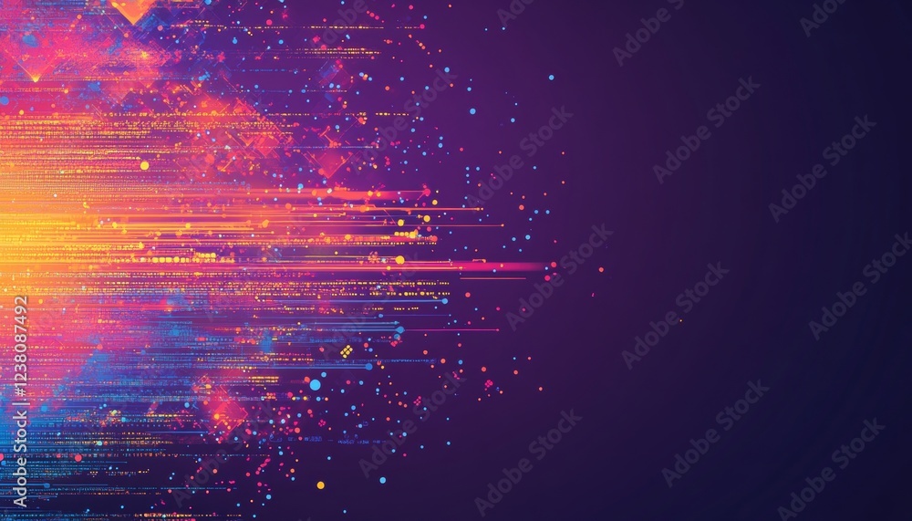 Poster abstract vector art neon code, programming data, geometric shapes on dark background