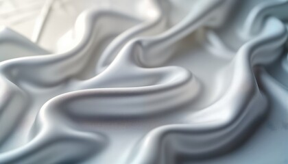 Fototapeta premium Silver fabric displays smooth, silky texture. Shiny fabric waves elegantly. Silky surface curves beautifully creating soft flowing look. Abstract design. Luxurious, romantic. Tender look. Fashionable