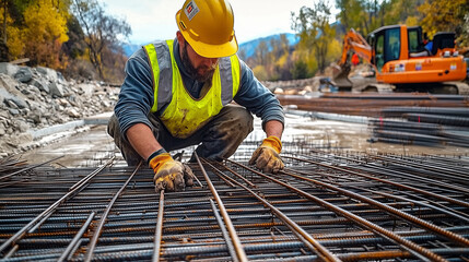 worker at a construction site ties reinforcement. He is wearing a bright vest and a protective helmet.