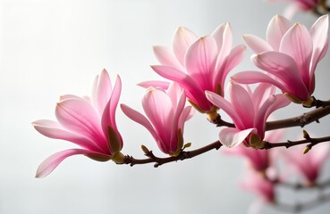 Fototapeta premium Closeup view of delicate pink magnolia blossoms in springtime. Delicate flower petals, buds on tree branch. Beautiful springtime floral display. Natural beauty. Springtime. Nature. Magnolia flowers.
