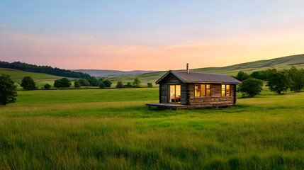 Fototapeta premium A small wooden log cabin in the countryside at dusk, with lighting inside and panoramic windows overlooking green fields and trees under the twilight sky