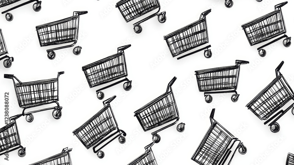 Poster shopping background with black and white seamless pattern of shopping carts. may be use as commerce 