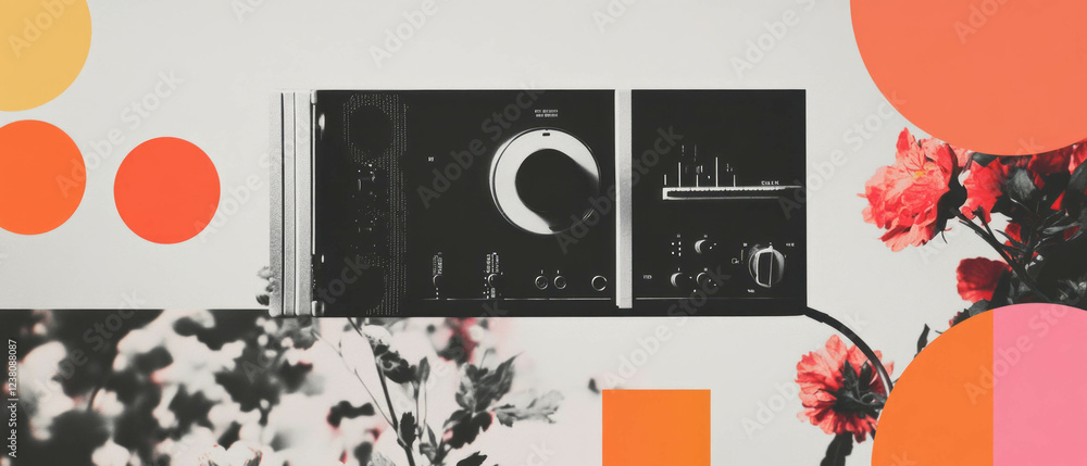 Poster minimalist collage featuring a usb audio interface and geometric shapes with a floral background