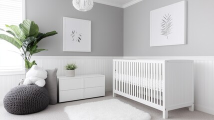 Modern nursery room interior design with crib, grey walls, and plants