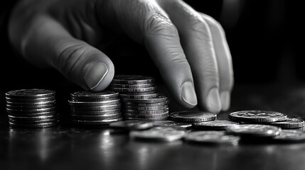 A businessman hand is pointing to stacks of coin