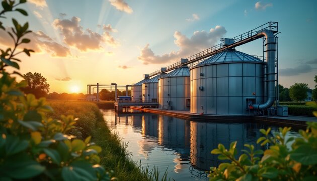 Biogas production station at sunset. Large metal tanks store processed organic waste. Water reflects golden light. Eco friendly renewable energy. Industrial waste treatment. Sustainable agriculture