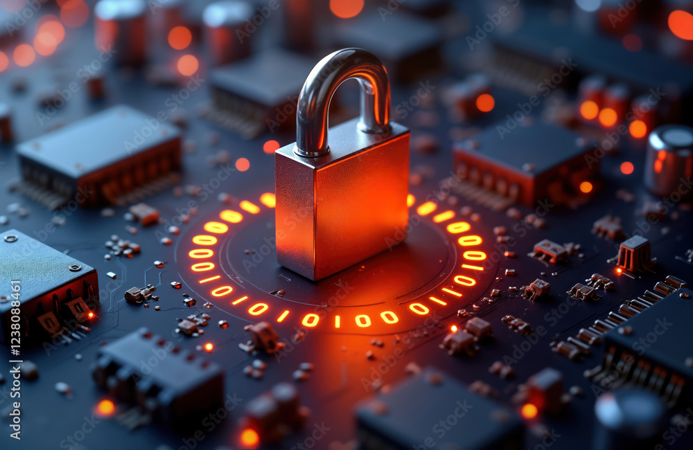 Poster metallic padlock rests on tech circuit board. binary code glows around padlock. secure digital syste