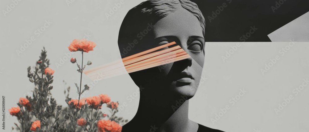 Aufkleber minimalist collage featuring statue's eyes and geometric shapes illuminated by beams of light