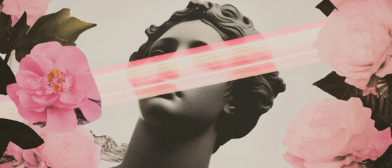 Minimalist collage featuring statue's eyes with light beams and floral elements