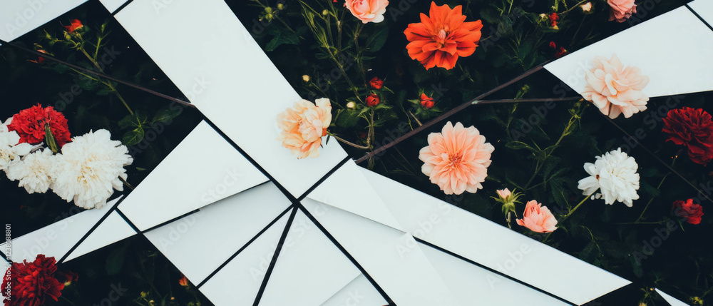 Poster geometric collage with flowers and interconnected triangles on a minimalist background