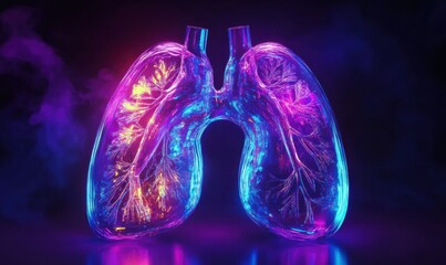 Futuristic glass lungs glowing with vibrant neon colors, representing cutting-edge medical innovation and health technology.