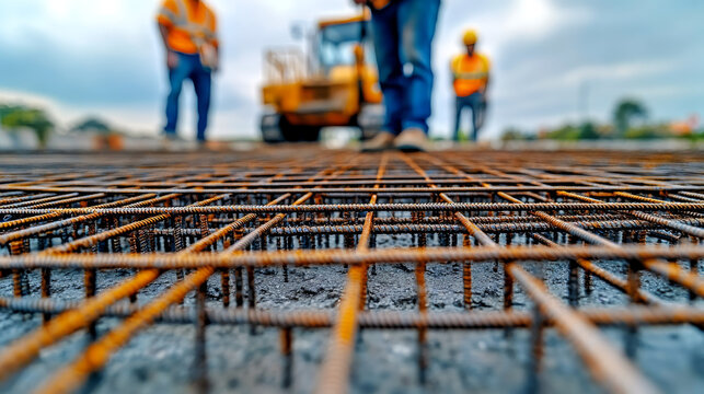 Construction workers inspect steel reinforcement mesh on construction site, showcasing teamwork and safety in building infrastructure