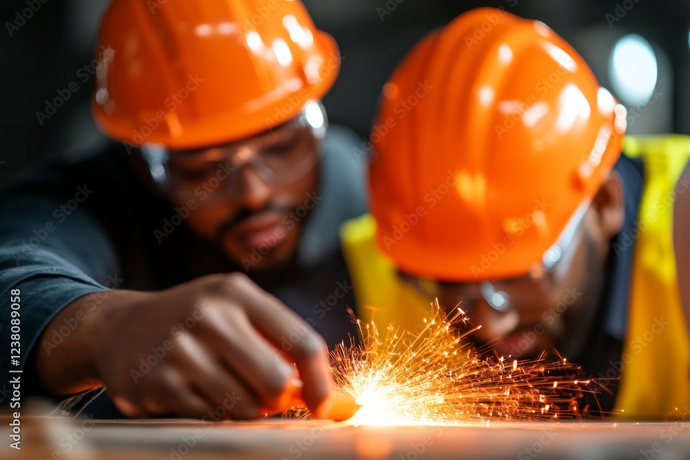 Poster dynamic construction collaboration diverse team welding with safety gear - innovative business growt