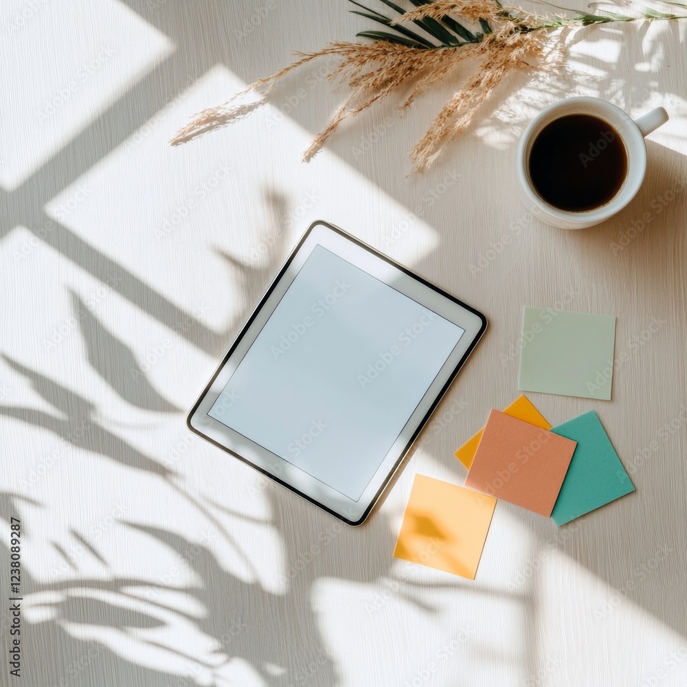 Aufkleber Blended Learning Elegance Tablet and Colorful Sticky Notes on Light Wood Table - Vibrant E-Learning Tools for Dynamic Business and Educational Engagement