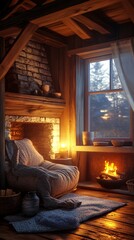 Cozy Rustic Living Room with Crackling Fireplace and Warm Ambiance, Illuminated by Soft Evening Light, Evoking a Tranquil and Inviting Atmosphere Perfect for Heartwarming Photography


